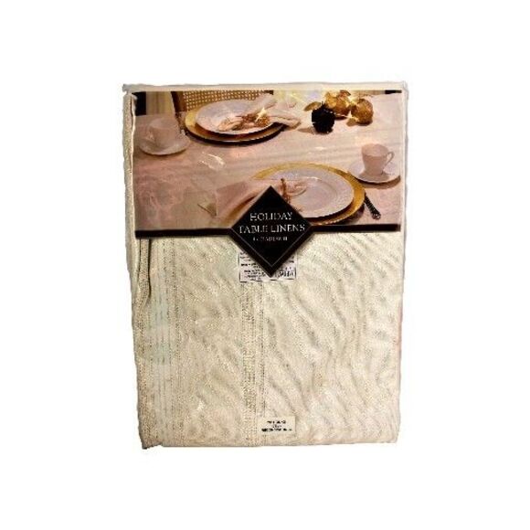 Bardwil Linens 70" Round Holiday Tablecloth Cream W/Gold Threads - Picture 1 of 4